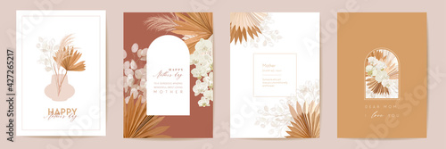 Mother day watercolor card set. Greeting mom minimal postcard design. Vector tropical flowers, palm leaves