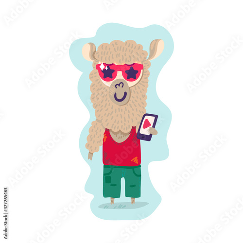Lama wear style clothes holding smartphone vector © barsrsind