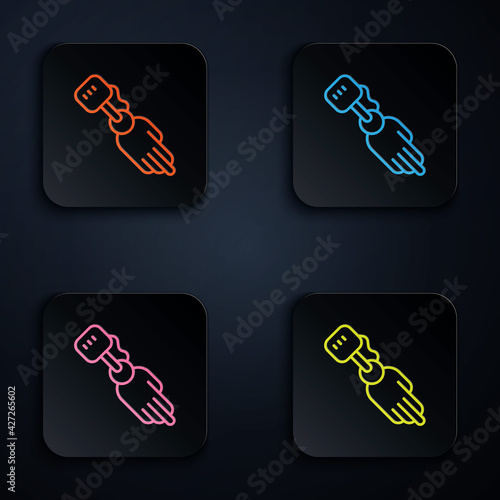 Color neon line Prosthesis hand icon isolated on black background. Futuristic concept of bionic arm, robotic mechanical hand. Set icons in square buttons. Vector