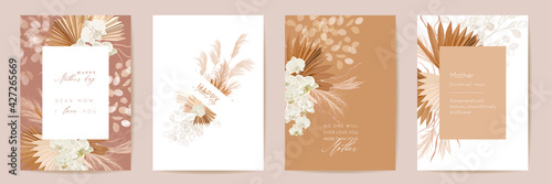 Mothers day floral vector card. Greeting tropical flowers, palm leaves template design