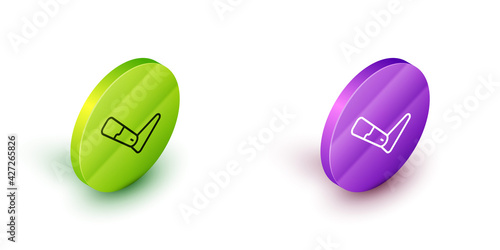 Isometric line Prosthesis leg icon isolated on white background. Futuristic concept of bionic leg, robotic mechanical leg. Green and purple circle buttons. Vector