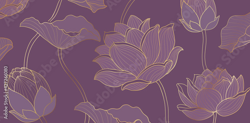 Golden lotus purple background vector. Tropical flower design, Lotus leaves line arts for wallpape, packaging, covers, vector illustration.
