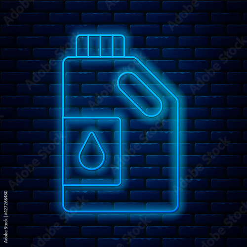 Glowing neon line Canister for motor machine oil icon isolated on brick wall background. Oil gallon. Oil change service and repair. Engine oil sign. Vector