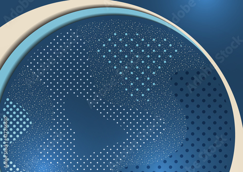 Abstract background with overlapping circles and dots. Chaotic movement. Round banner with blank space for text. Vector