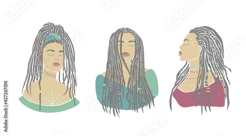 American woman braids set african drawn for design. Young lady portrait. Oriental people. Boho style. Vector drawing. Beautiful model face. Vector graphic illustration. Fashion print.