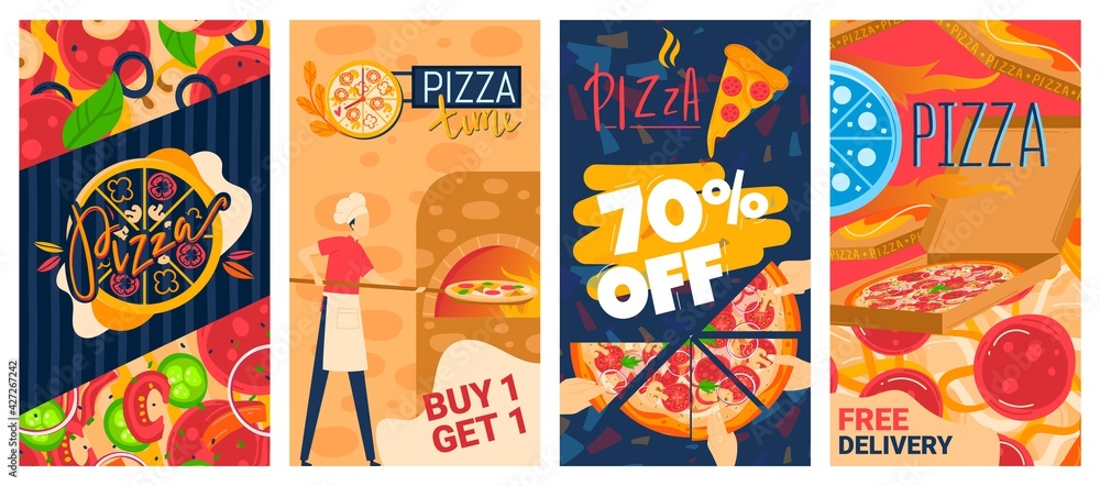 Stories template selling pizza on Internet, bright banner design, fast food sales promotion, cartoon style, vector illustration.
