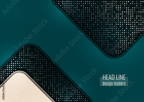 Bright halftone dots and colored geometric shapes on a dark background. Luxury poster background template. 3D advertising modern graphic design. Vector