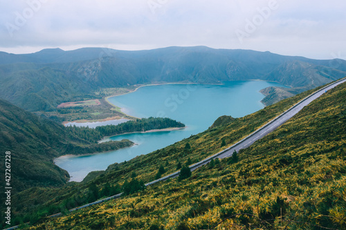 Panoramic landscape with beautiful blue crater lake Lagoa do Fog © Ivan