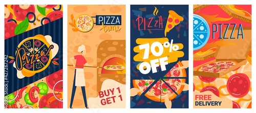 Stories template selling pizza on Internet, bright banner design, fast food sales promotion, cartoon style, vector illustration.