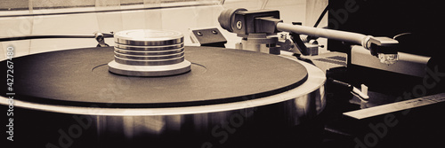 Картината върху платно vinyl record player close up, black and white photo