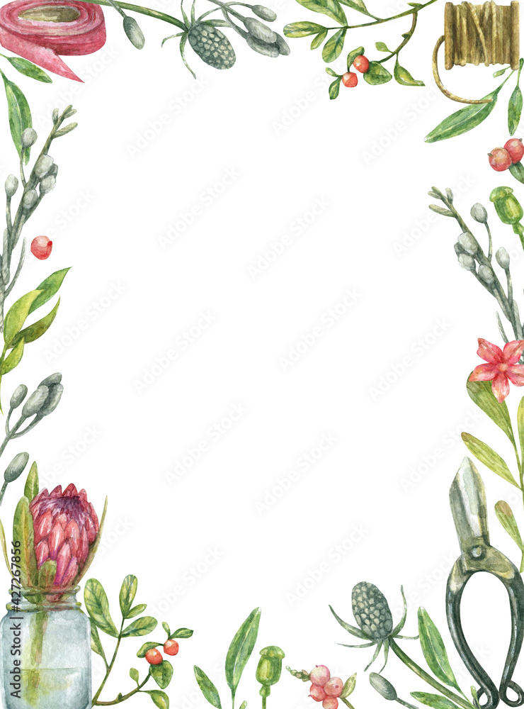 Watercolor frame made of florist tools - thread, pruner, flowers, leaves, herbs.Hand-drawn, isolated on a white background