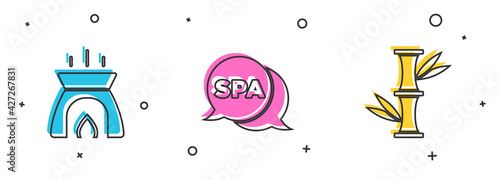 Set Aroma candle, Spa salon and Bamboo icon. Vector