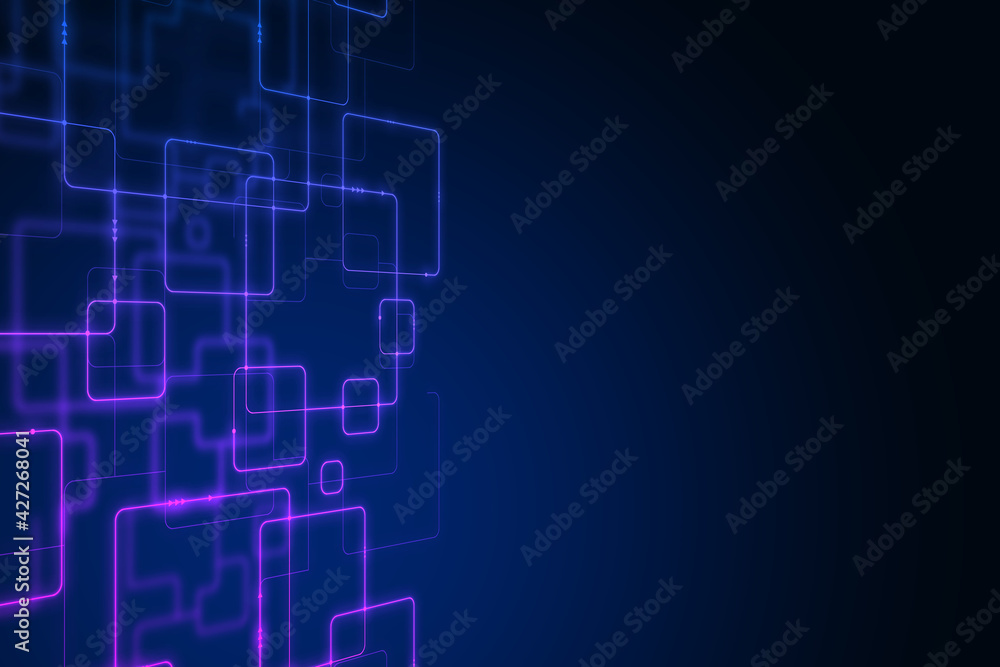 Blue rectangles and squares in the bottom on a dark background with blank space, abstract design in an advertisement, corner view. Internet ad and promotion concept, 3d rendering