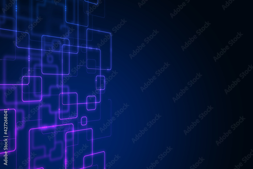 Blue rectangles and squares in the bottom on a dark background with blank space, abstract design in an advertisement, corner view. Internet ad and promotion concept, 3d rendering Blue rectangles and squares in the bottom on a dark background with blank space, abstract design in an advertisement, corner view. Internet ad and promotion concept, 3d rendering