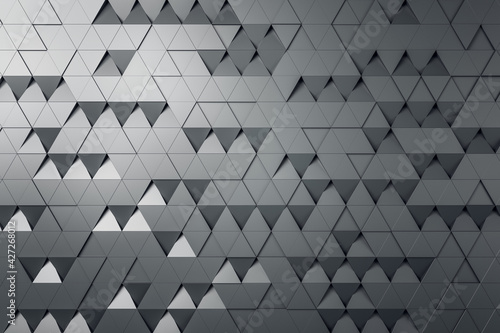 Grey triangular particles background abstract design. Wallpaper concept, 3d rendering