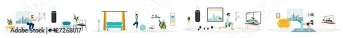 workouts online, set. Stay at home. keep fit. A positive girl and a man are doing exercises on a laptop and a monitor. Healthy lifestyle. Coronavirus quarantine isolation. Vector illustration.