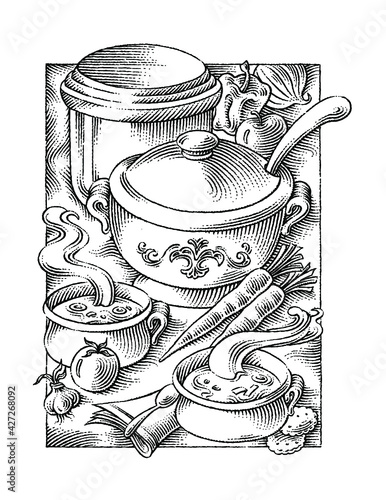 black and white illustration of making soup