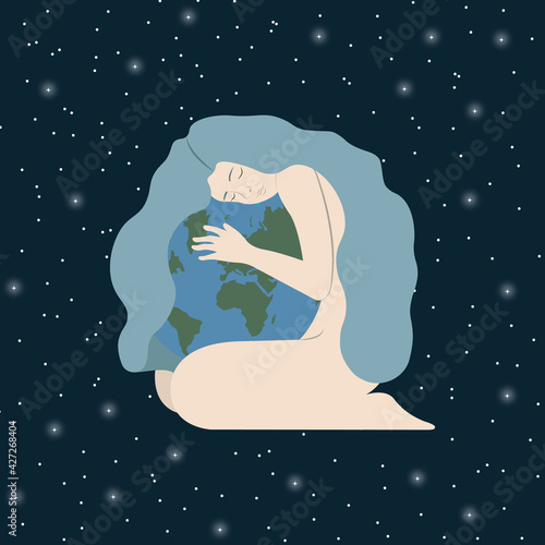 A young woman with love and care hugs the green planet Earth in the starry sky. Vector illustration of Earth Day and Save the Planet. Environmental conservation and energy saving concept