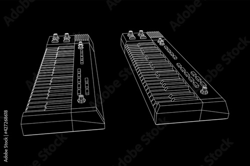 Piano roll analog synthesizer faders buttons knobs. Wireframe low poly mesh vector illustration.
