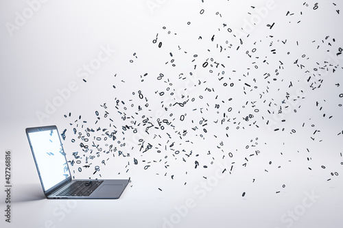 Laptop with multipe particles flow coming out from the glowing white screen on a white background. Data and information concept