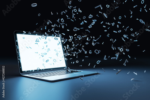Canvas Print Laptop with multipe particles flow coming out from the glowing white screen on a black background, corner view