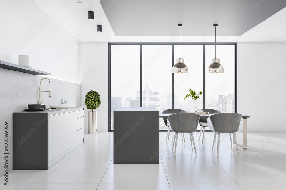Fototapeta premium Modern cozy bright furnished kitchen with big windows, chairs, table and lamps, white concrete floor and an empty wall, city view. Interior design concept, 3d rendering
