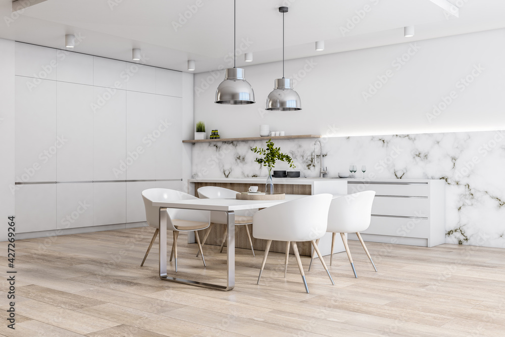 Stylish minimalistic interior design kitchen with eco friendly wooden floor, marble and white wall, light furniture and modern lamps from top