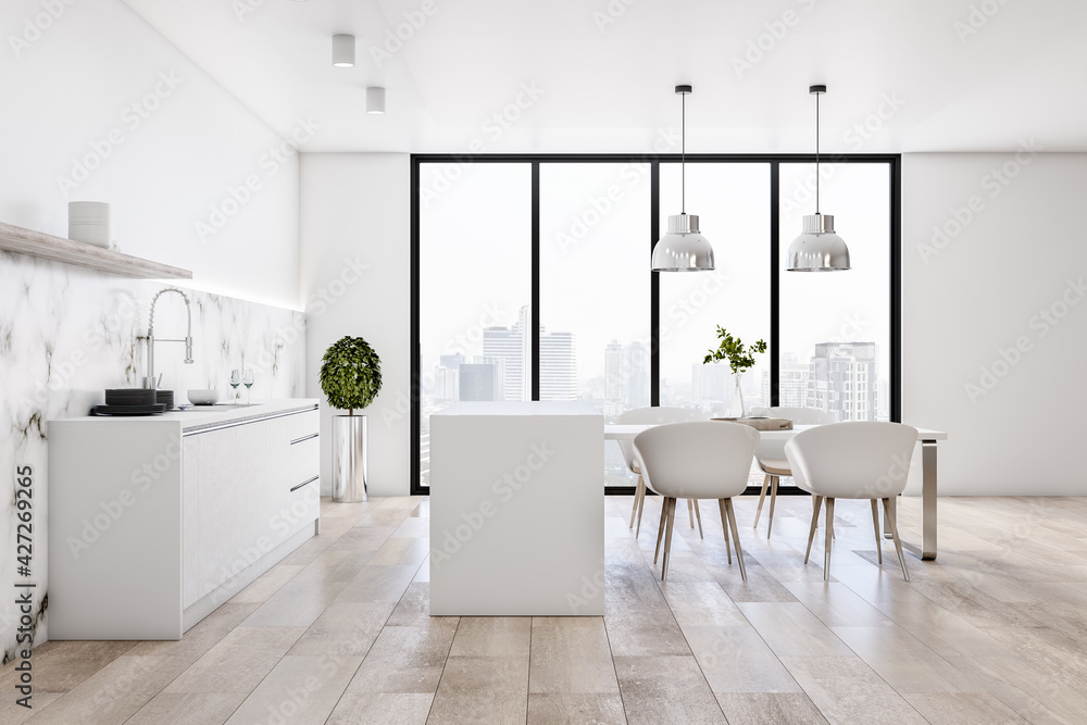 Stylish kitchen with white countertop, chairs and table and walls