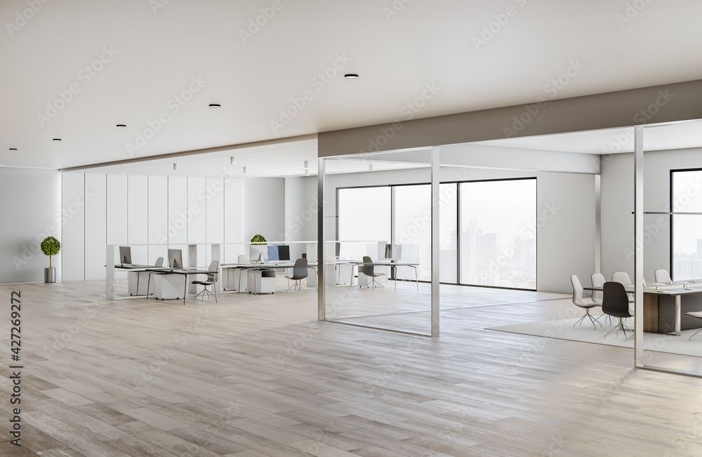 Light and spacious coworking office with white tables and walls, wooden