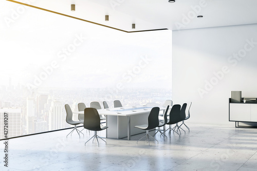 Megapolis city view from glass wall in modern conference room with light furniture, walls and marble floor