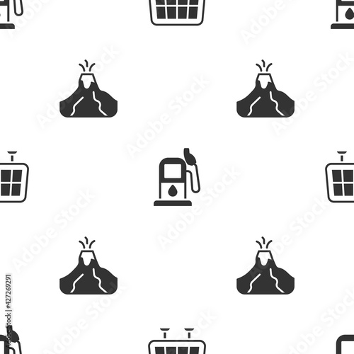 Set Solar energy panel, Petrol or gas station and Volcano eruption with lava on seamless pattern. Vector