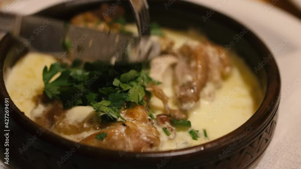 Dish. Chicken in a creamy sauce with glaciers. Dish. Chicken in a creamy sauce with glaciers.