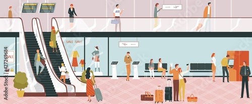 Airport travel, terminal airplane departure, passenger travel, runway transport background, design, flat style vector illustration