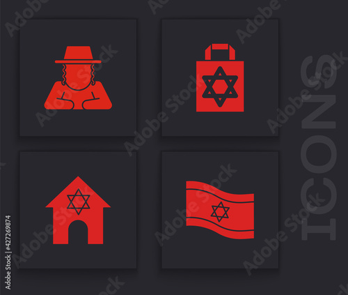 Set Flag of Israel, Orthodox jewish hat, Shopping bag with star david and Jewish synagogue icon. Vector