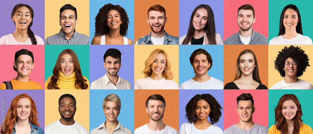 Collage of diverse happy people expressing positive emotions Collage of diverse happy people expressing positive emotions