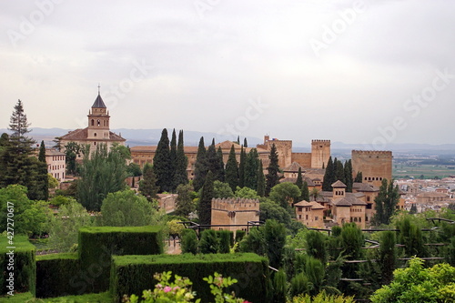Alhambra or Red Castle in Granada spanish city, located on top of hill al-Sabika. Moorish palace fortress complex in Andalusia, Spain
