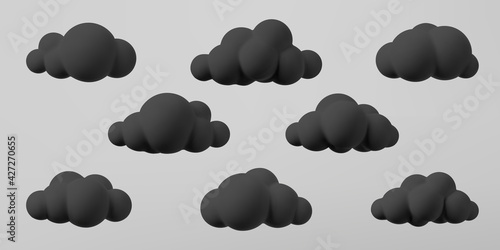 3d black clouds set isolated on a grey background. Render soft cartoon fluffy black clouds icon, dark dust or smoke. 3d geometric shapes vector illustration