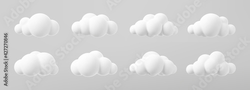 3d render of a clouds set isolated on a grey background. Soft round cartoon fluffy clouds mock up icon. 3d geometric shapes vector illustration