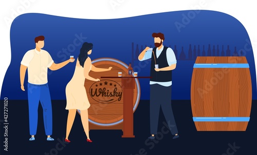 Barrel bar whiskey, wooden glassware alcohol, bottle vintage, man woman drinking, design, flat style vector illustration.