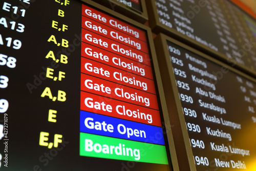 Close up airport flight connection information board. Punctuality concept.