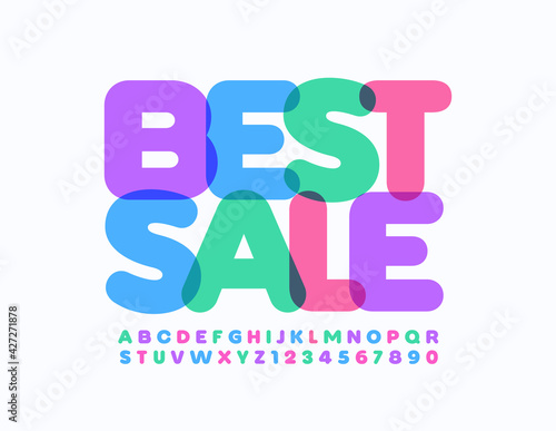 Vector colorful Banner Best Sale. Bright transparent Font. Artistic Alphabet Letters and Numbers