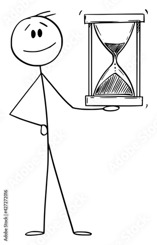 Smiling Man or Businessman Holding Hourglass or Sandglass, Vector Cartoon Stick Figure Illustration