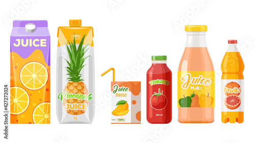 Juice packages, carton boxes, fruit drinks bottles photo