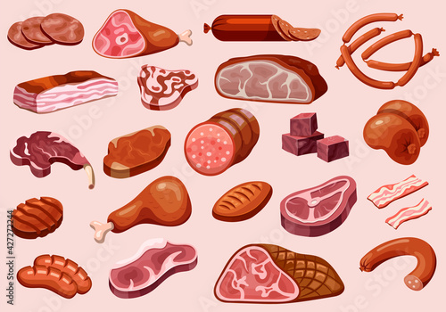 Meat and sausages, butchery shop food products set