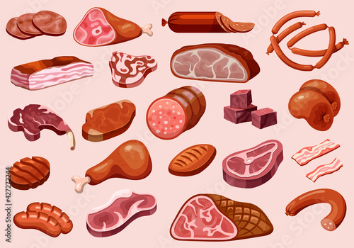 Meat and sausages, butchery shop food products set