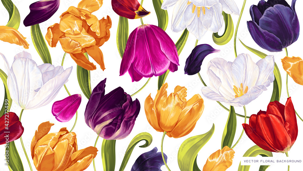 Vettoriale Stock Floral spring background with vector multicolored tulips.  Realistic hand-drawn plants wallpaper for computer desktop, tablet, phone,  posters, advertising banners, social media stubs, cosmetic product | Adobe  Stock