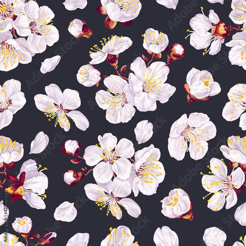 Seamless pattern with white spring flowers on dark background. Flowers of apricot, cherry, pear, apple, peach. Hand drawn, realistic, vector plants for fabric, prints, gift cards, advertising banners.