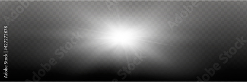 White glowing light explodes on a transparent background. Vector illustration of light decoration effect with ray.