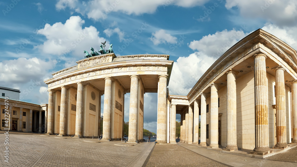 Panoramic image of Brandenburg Gate in Berlin, Germany, on a bri