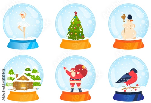 Christmas gifts, glass snow globe, pleasant surprise for holiday, design cartoon style vector illustration, isolated on white.